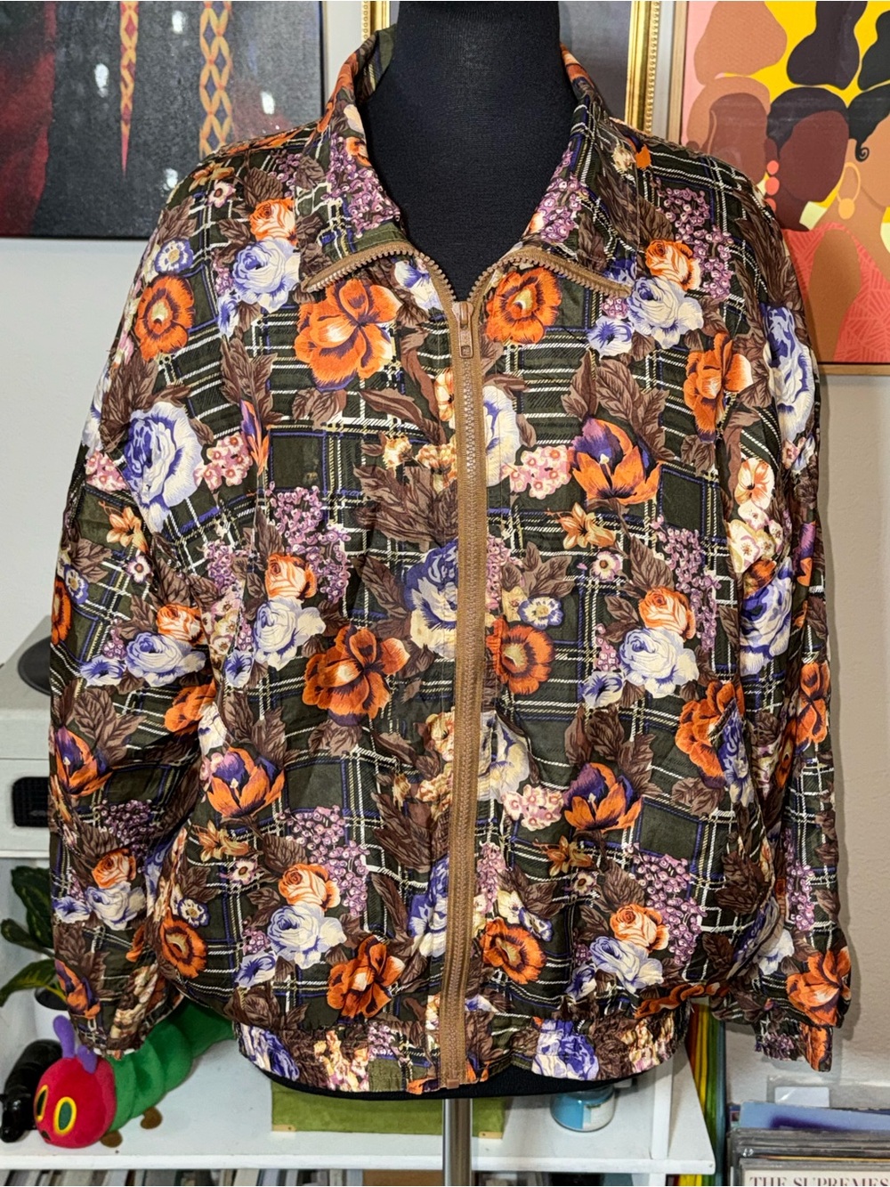 Vintage Floral Plaid Silk Bomber Jacket - Brown/Orange/Purple